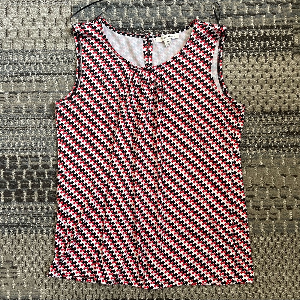 Studio Works Sleeveless Blouse with Red, Black, and White Geometric Print, Sz M